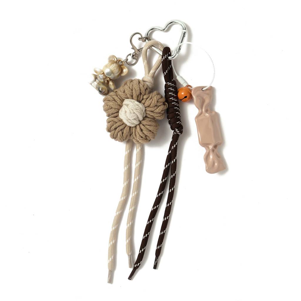 Brown Floral Crochet & White Puppy Duo Bag Charm : C-BG-0009-BR