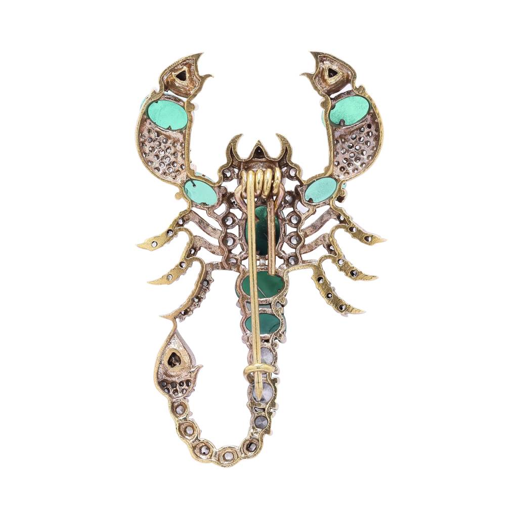 Antique Gold Finish Polki Diamond Unisex Scorpion Brooch With Hydro Emeralds : 900003