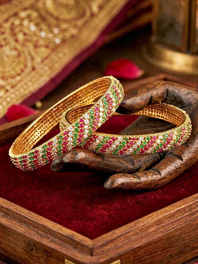 Gold Plated Multi-Color Stone Ad Bangle For Women | Pink Green White Stone Studded Elegant Wedding Festi : 1356-C1BG-2223-2-24