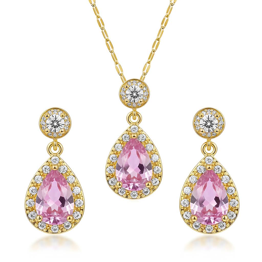 Pink Tear Drop Pendant Chain Necklace Earrings Set For Women & Girls | Gold Plated | Crystals & Cubic Zirconia St : PX9PS66GPK