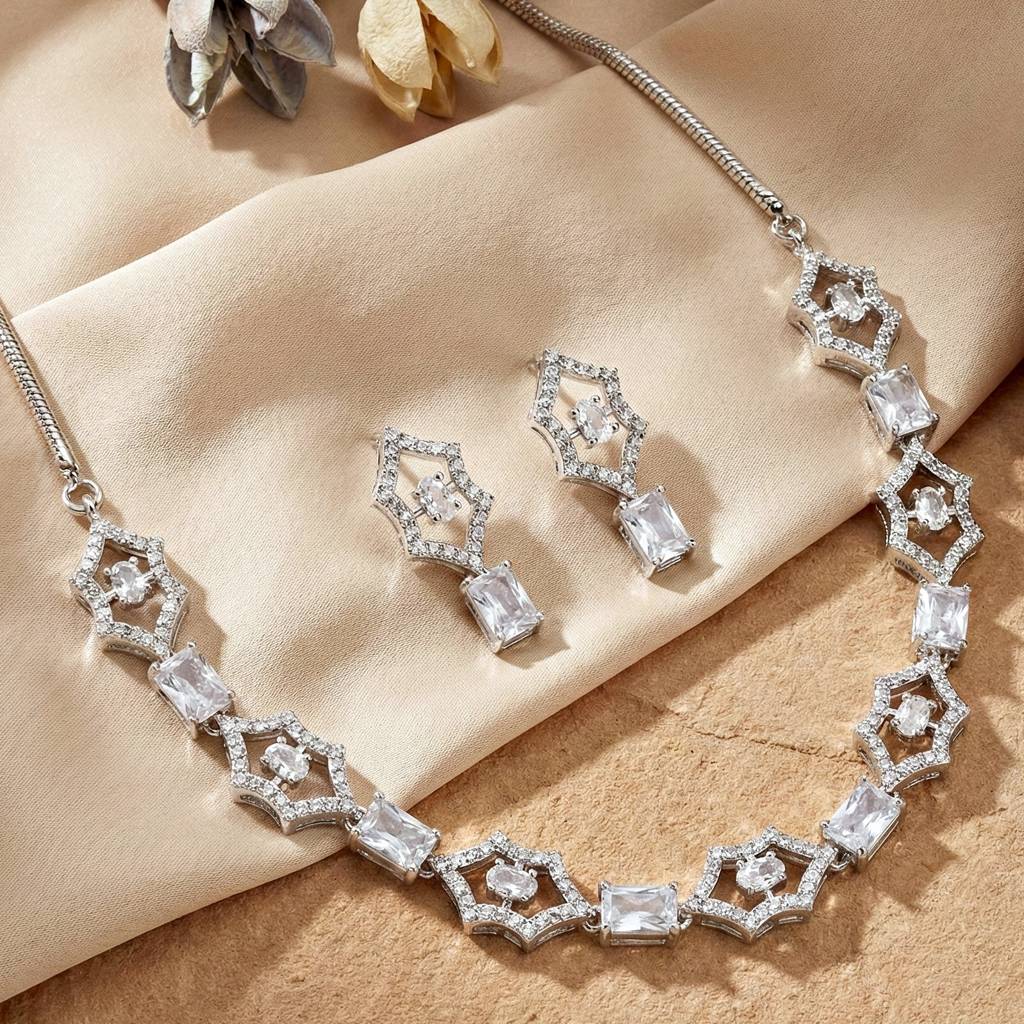Silver-Tone American Diamond Necklace Set With Earrings For Women – Office, Party & Wedding Wear : 628-K4SA-2240-W-S