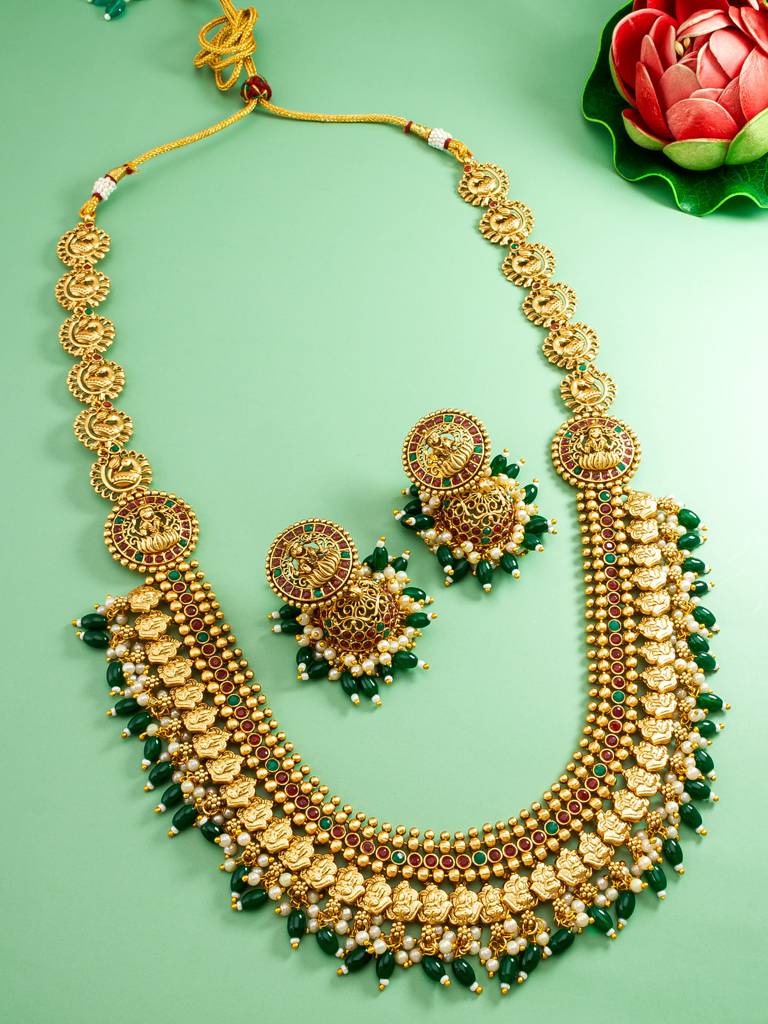 Traditional Antique Gold Temple Lakshmi Long Haram Necklace Set With Peacock Coin Chain, Green Beads And Jhumki Earri : NK4208