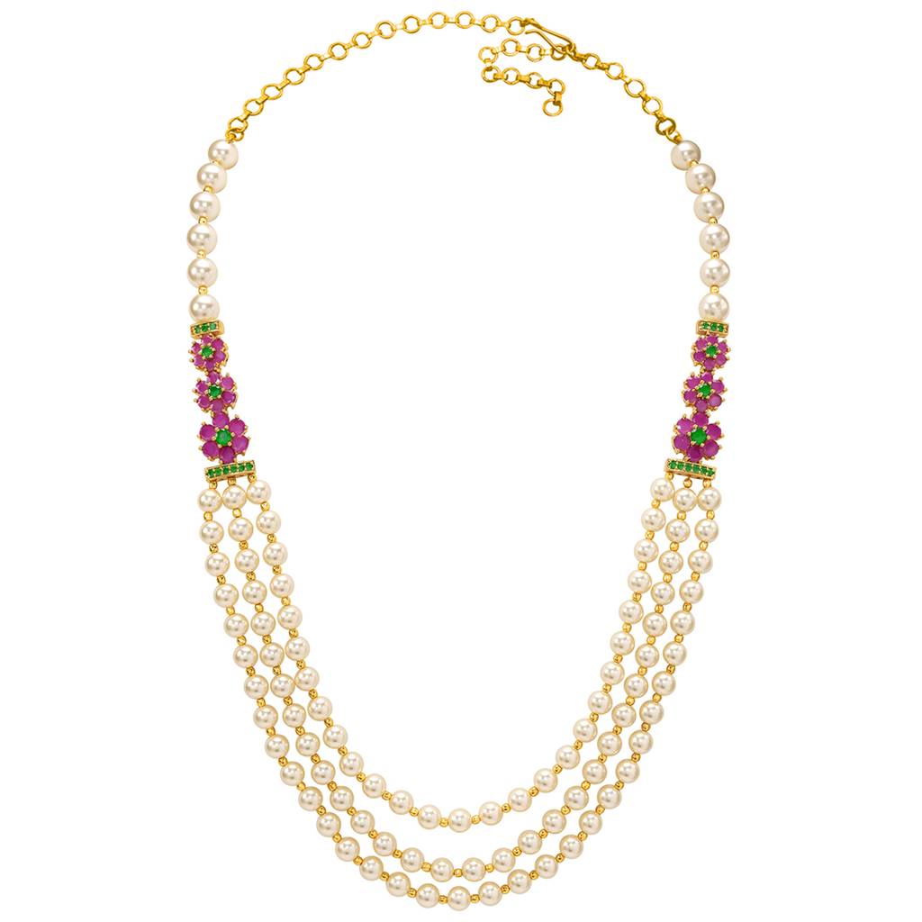 Ethnic Beads Layered Long Mala Necklace For Women Girls Gold Plated Faux Ruby Emerald & Pearl Studded Traditional : PF10ML32RG