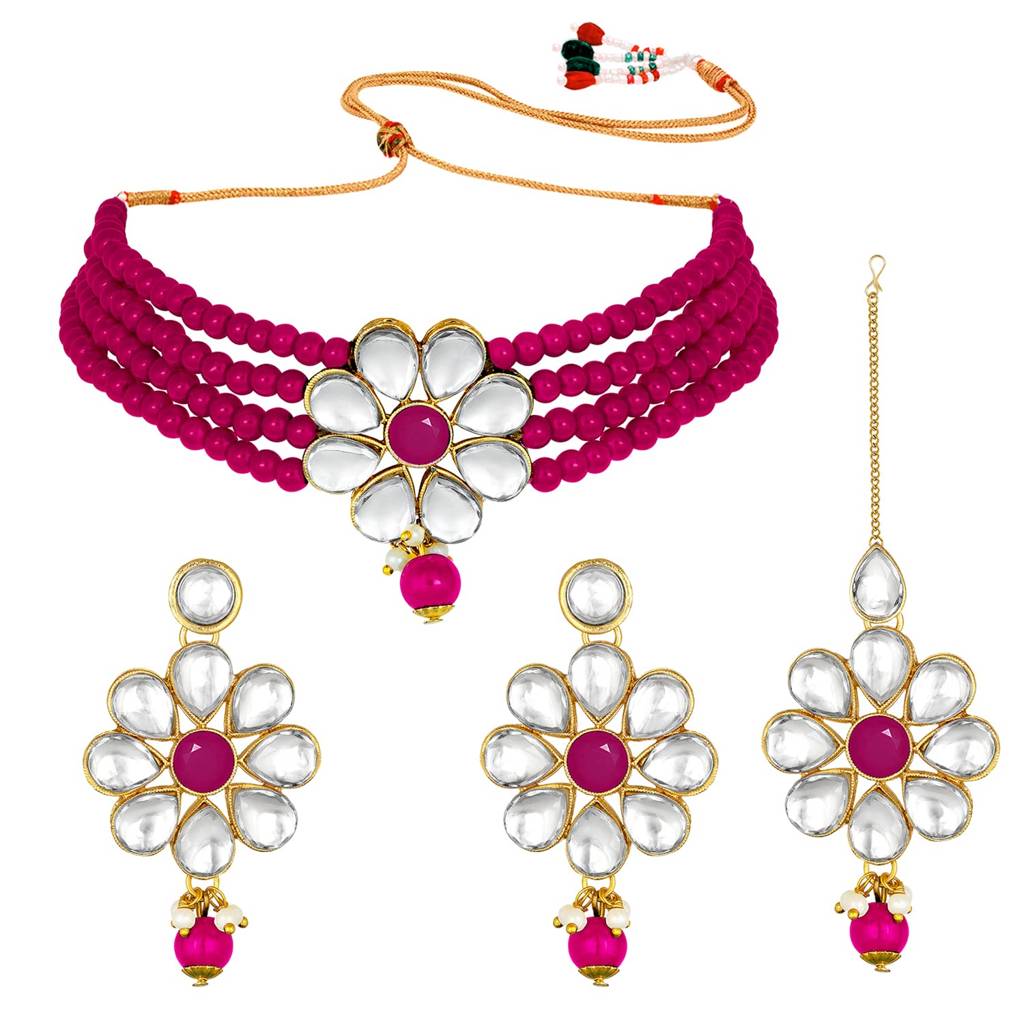Gold Plated Kundan Faux Pearl Floral Choker Necklace Earrings With Maang Tikka Set Jewellery For Girls & Women ( : PF24N2875RP