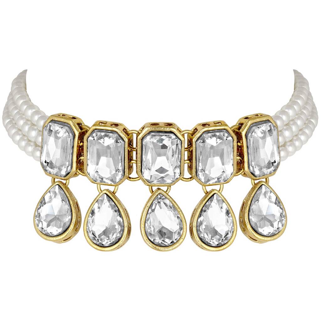 Crystal Pearl Traditional Ethnic Bridal Choker Necklace With Earrings Jewellery Set For Women Girls : PF24N2905W