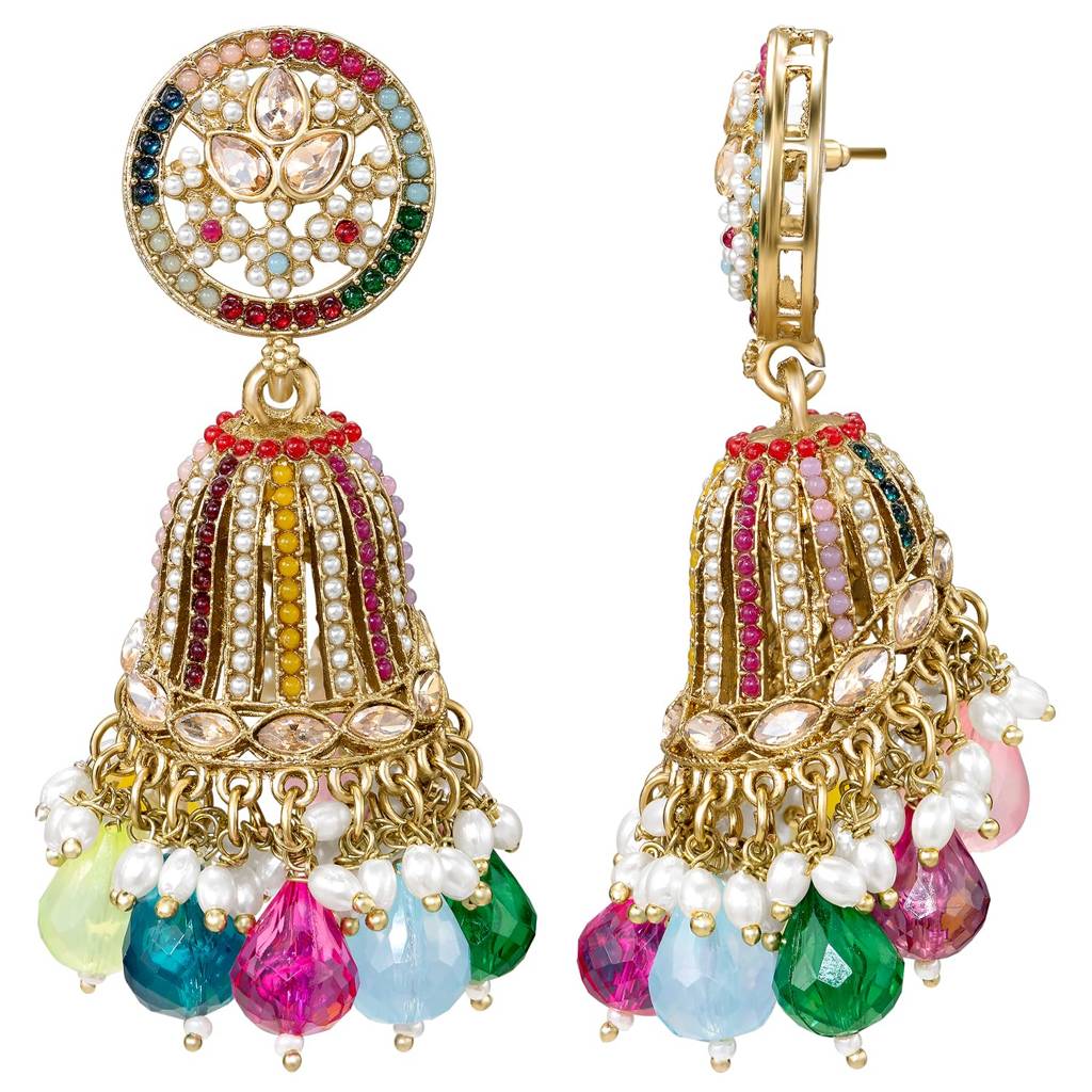 Ethnic Gold Plated Multicolor Beads Studded Jhumka Earrings For Women : PF09E002ML