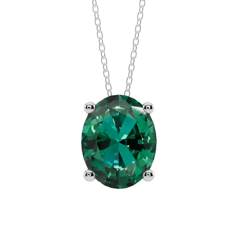 Green Oval Solitaire Pure Silver Pendant Necklace : OVAL-GRN-10-SL-W-C
