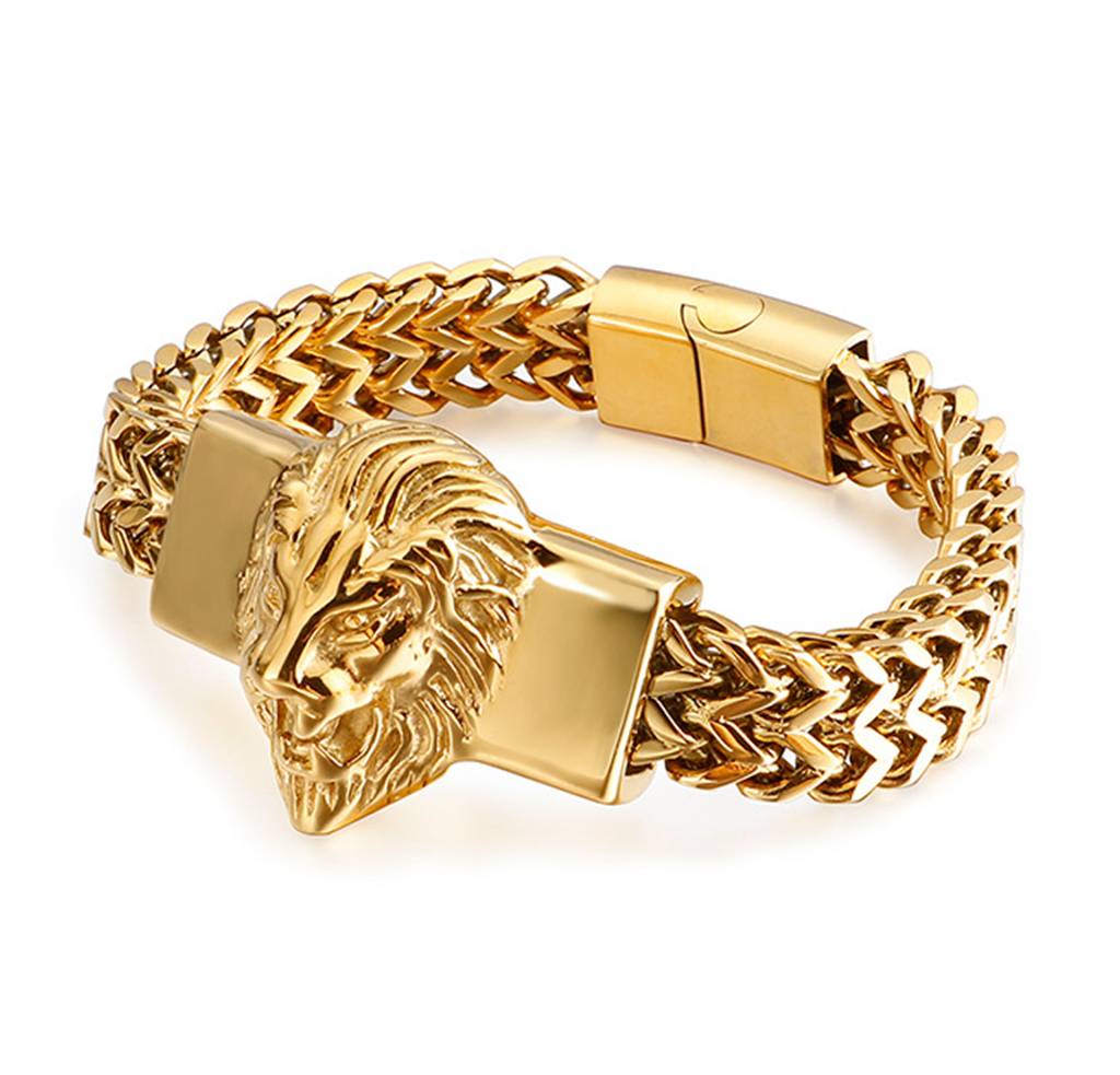 Gold Plated Stainless Steel Metal Bracelet Openable Lion Head Design Stylish Jewellery For Men & Boys : PX5SB64G