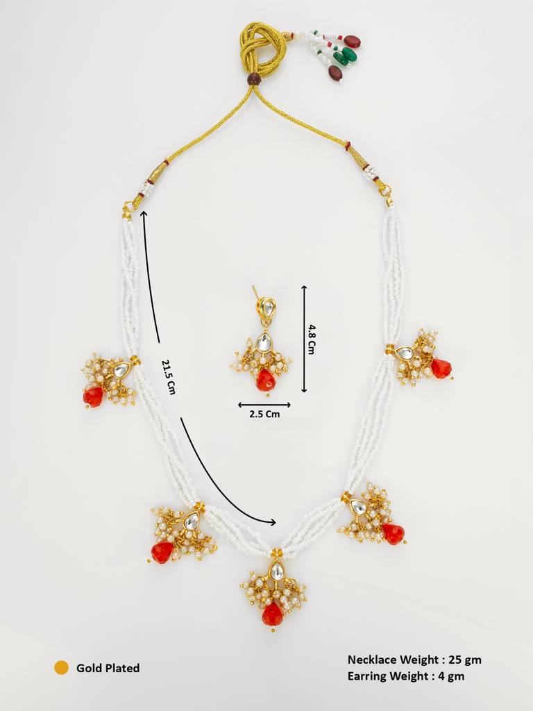 Gold Plated Multistrand Beaded Necklace Set With Kundan And Red Drop Stones : NK4705