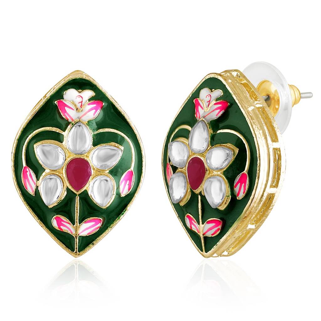 Gold Plated White Synthetic Stone & Beads Studded Meenakari Necklace Stud Earrings Jewellery Set For Women Girls : PF04NK2604G