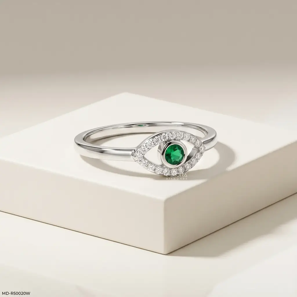 Green Round Shape Halo Marquise Lab Diamond Ring : MD-R50020W