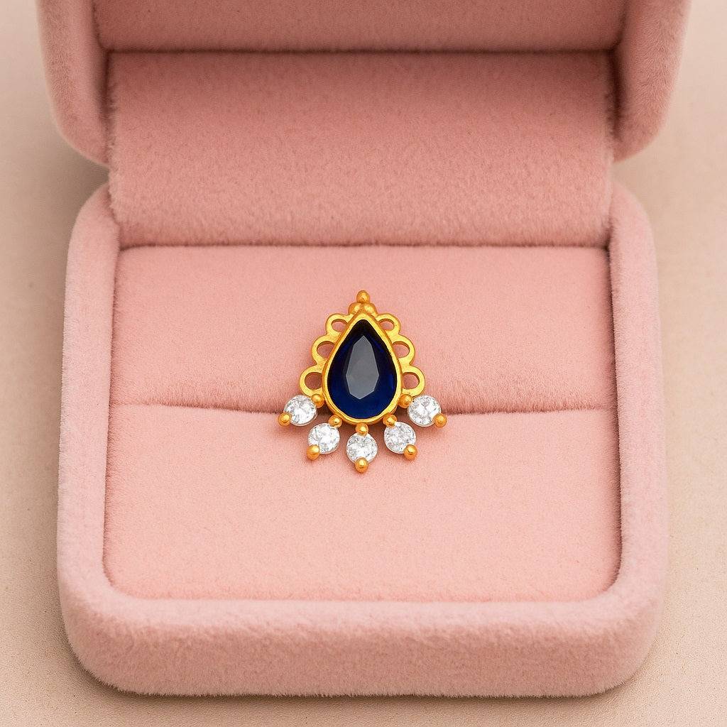 Blue Cz Tear Drop Floral Nose Pin 925 Sterling Silver Gold Plated : NP-00312-BlueCz