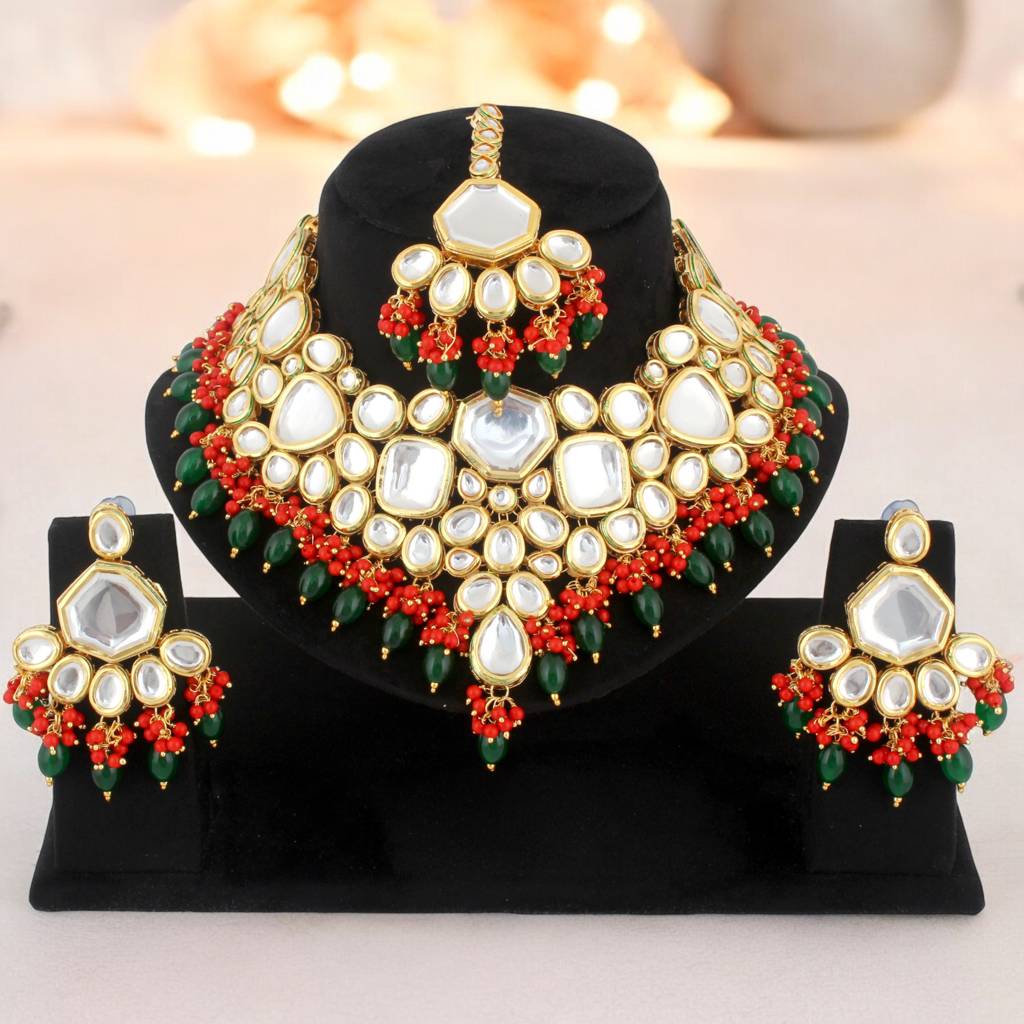 18 Kt Gold Plated Bridal & Semi-Bridal Necklace Set With Earrings & Maang Tikka : 3947-J5SK-1574-REDG