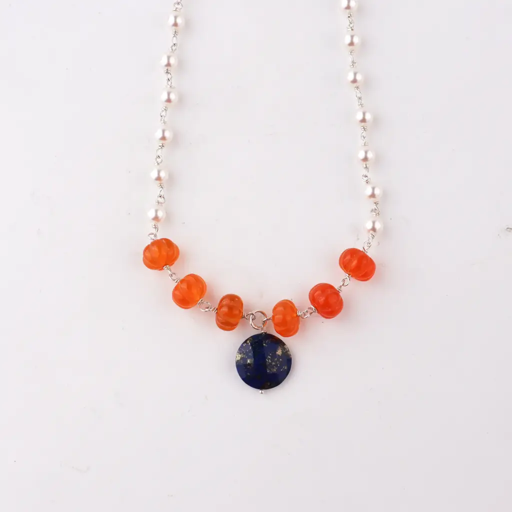 Silver Pearl Lapis Necklace With Carnelian Stone : 74866327