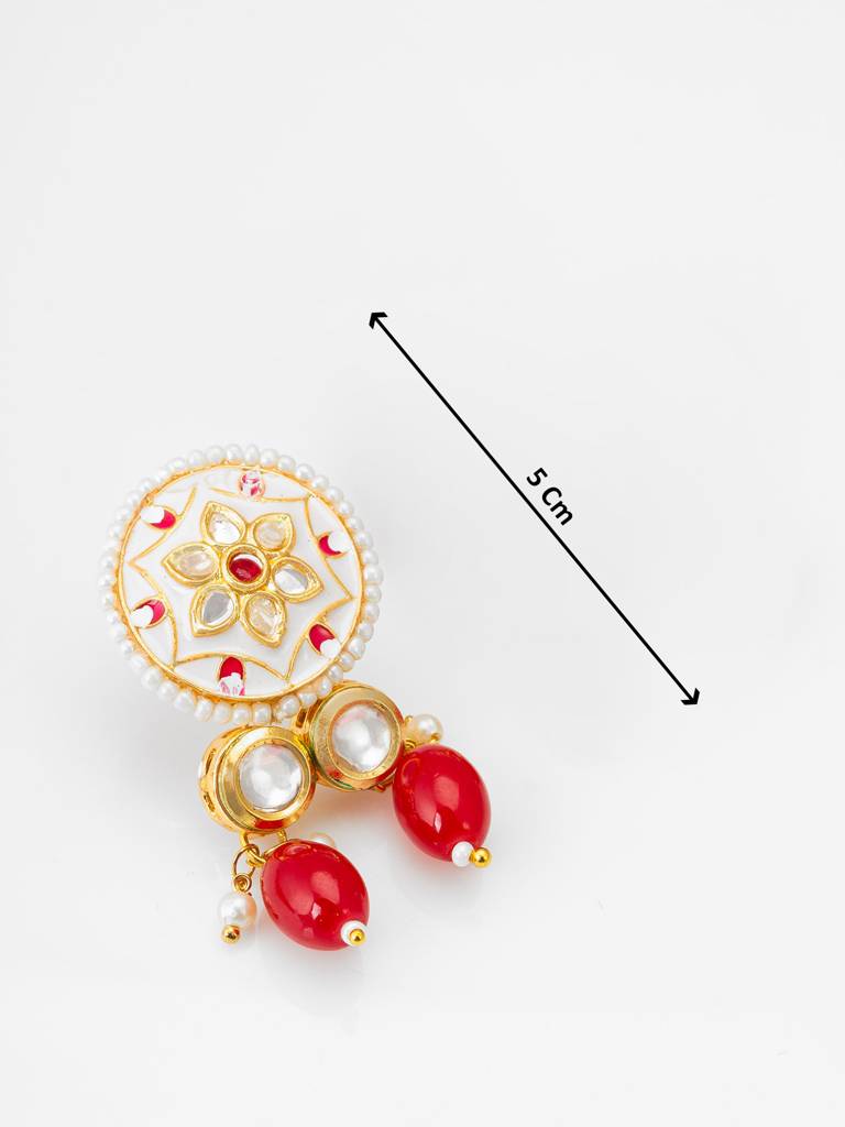 White Meenakari Kundan Pendant Necklace Set With Seed Beads And Red Stone Earrings : NK4379