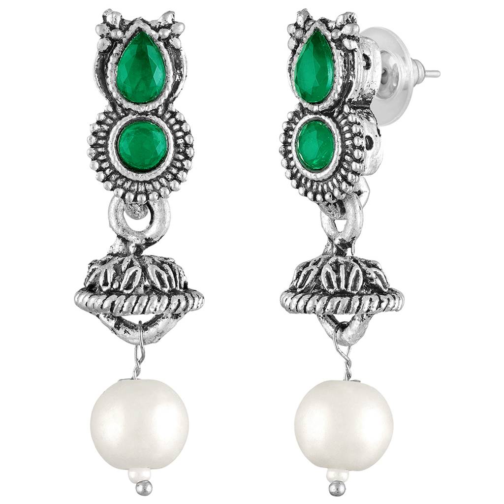 Green Ethnic Oxidised Necklace Earrings Set For Women & Girls | Silver Plated | Faux Emerald Studded | Festive Styl : PF04N12G