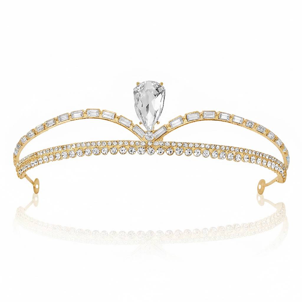 Cubic Zirconia & Crystals Studded Gold Plated Tiara Crown Head Accessories Fashion Jewellery For Women & Girls : PX9CW10G