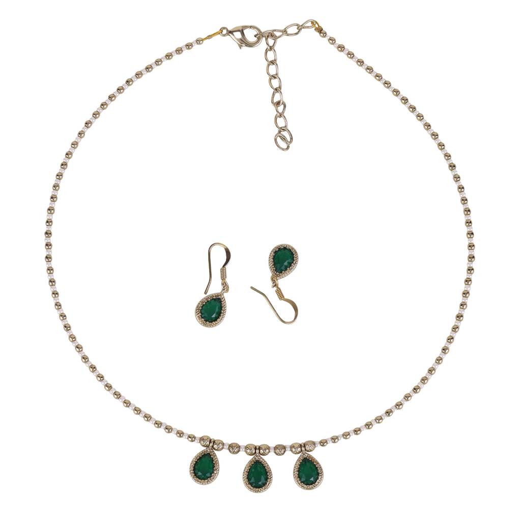 Charming Oval Shape Green Crystal Gold Plated Matinee Necklace Set (Mala) For Women : 6ML27_MD