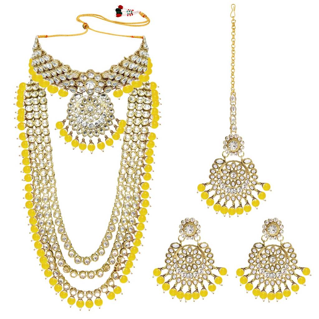 18K Gold Plated Kundan Faux Bead Bridal Necklace Jewellery Set For Women Girls : PF25BR106Y