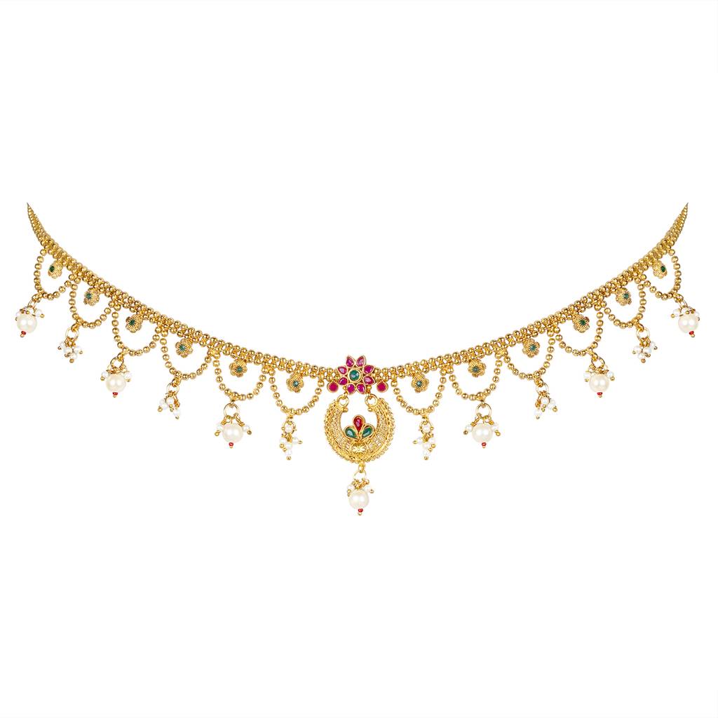 Combo Of Golden Bridal Jewellery Set With Adjustable Waist Belt Kamar Bandh Gift For Women : PF04BR329-PF04BCH001RG