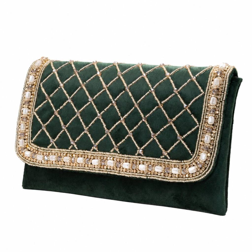 Quilted Pearl Embellished Clutch Bag For Women | Gold Beaded Strap | Wedding Festive Evening Purse : C189GRN