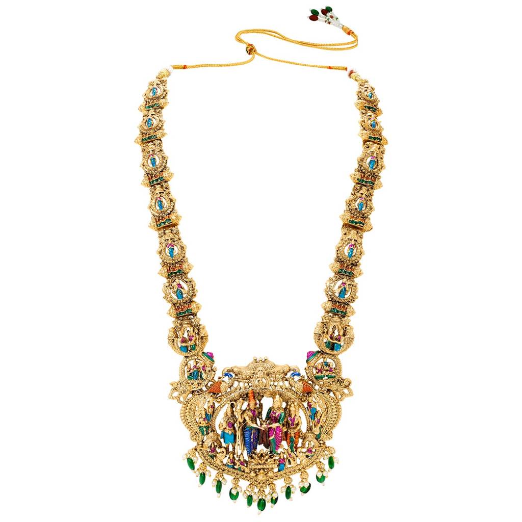 Gold Plated Green Rani Pink Long Necklace Earrings Set For Women : PF109N03ML