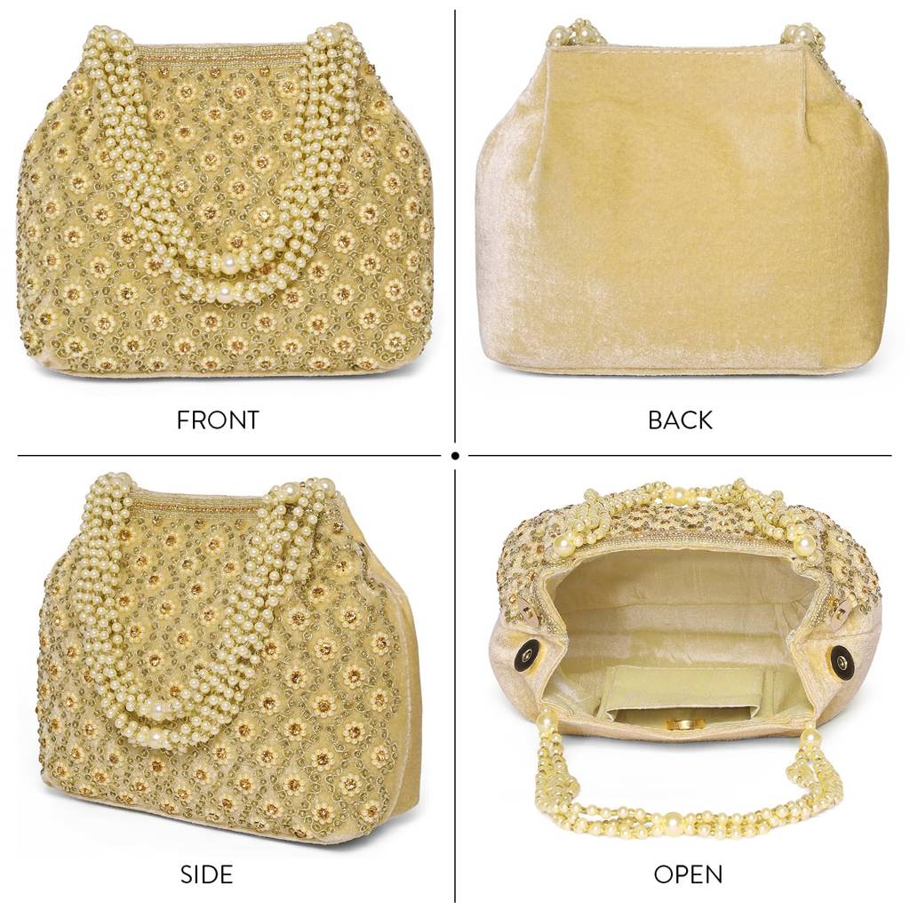 Floral Potli Purses For Women Handmade Evening Handbag Stylish Bridal Fashion Wristlet Bag For Girls : P201G-F