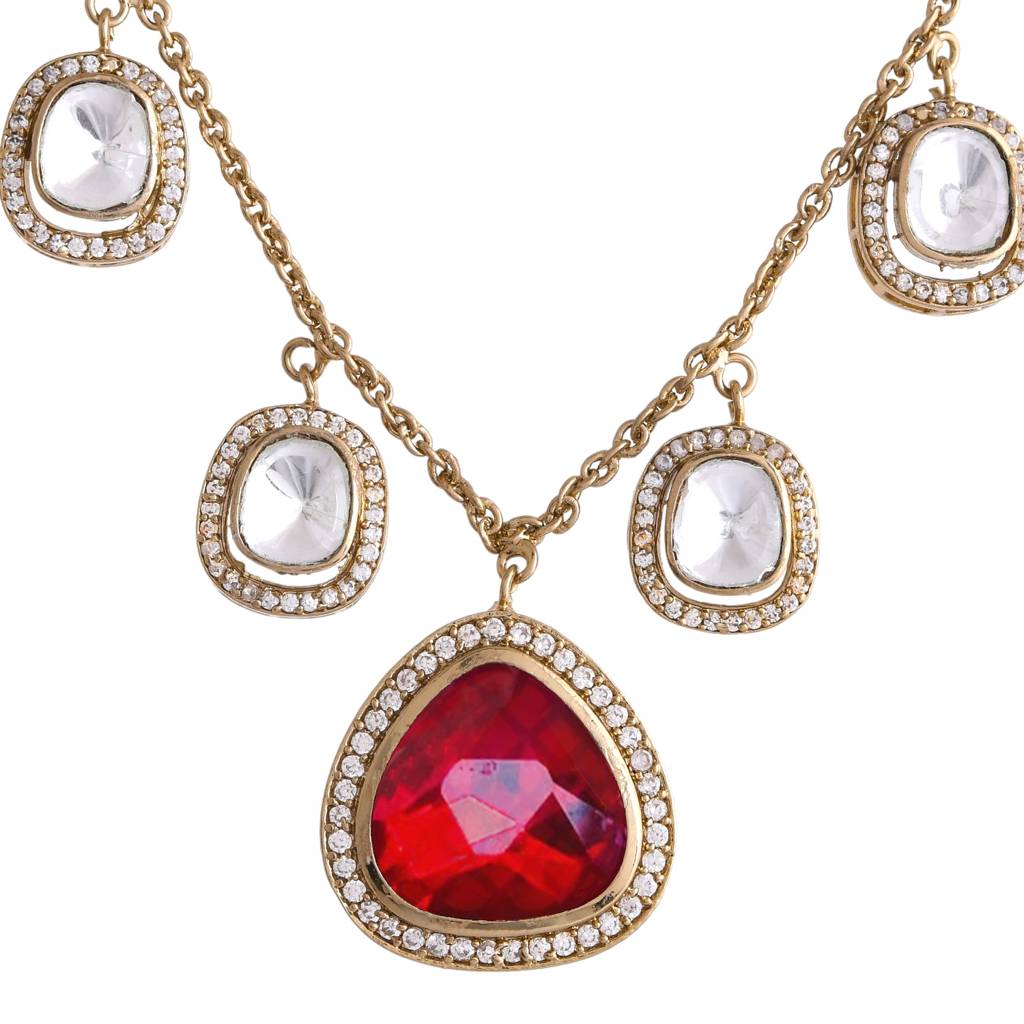 Hasli Regal Radiance Red Kundan Embellished Golden Necklace Set : 8905124535501