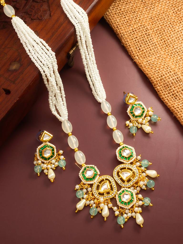 Gold Plated Kundan And Green Stone Multi-Strand Pearl Necklace Set : NK4837