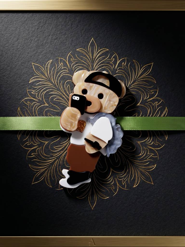 Kids Rakhi For Little Brother, Cute Selfie Teddy Bear Acrylic Charm On Green Ribbon, Roli, Chawal (425- : 425-CHR1-1193-1-2026