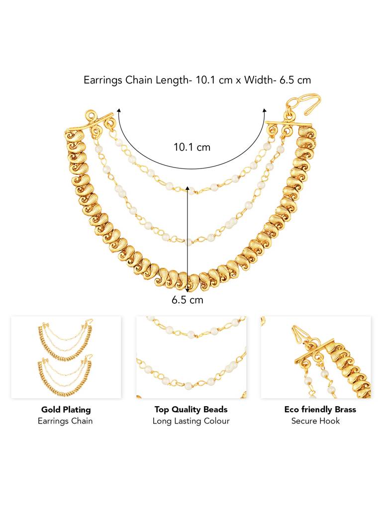 Peora Gold Plated Paisley Design Pearl Studded Layered Traditional Earring Chain Jewellery For Women : PF47EC01W