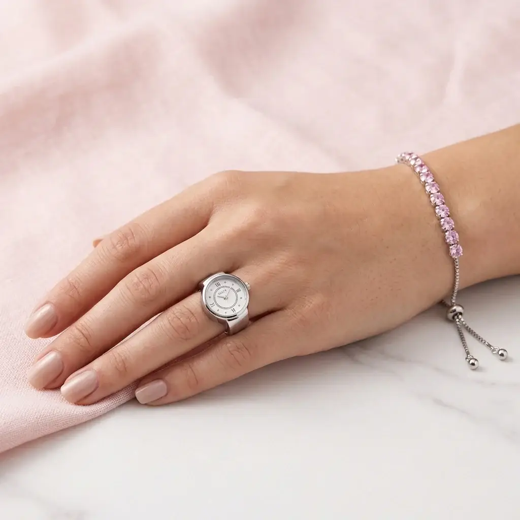 Aeri Pink Tennis Bracelet And Silver Watch Ring Set For Mother : WRTBC-258-S-PNK-2