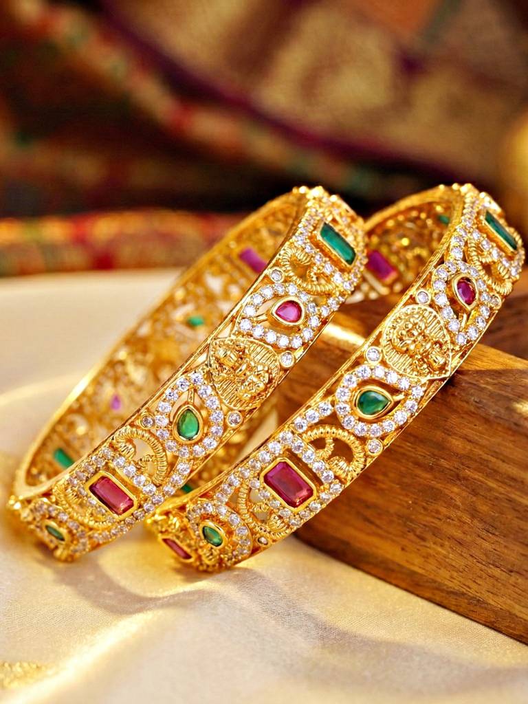 Gold Plated Laxmi Ji Idol Ad Stone Bangle For Women With Pink & Green Stones | Traditional Temple Weddin : 1599-C1BG-2225-2-24