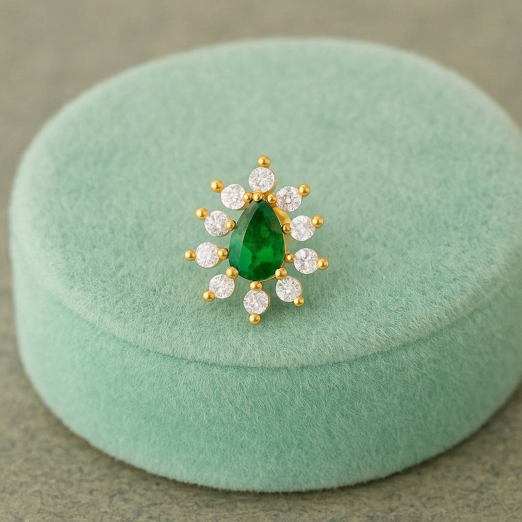 Teardrop Halo Nose Pin - Sterling Silver Gold Plated : NP-00083_925S_YG