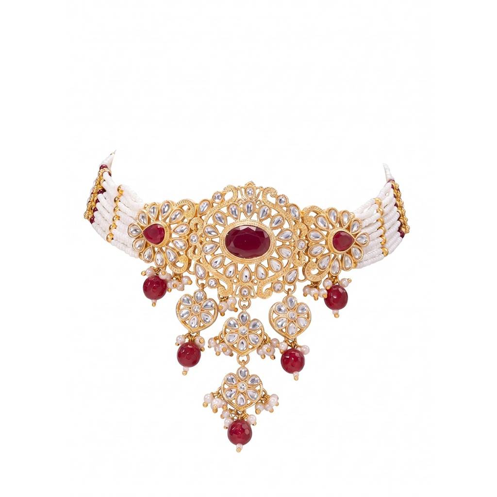 Gold Plated Ethnic Rani Pink Necklace Earrings Set For Women | Faux Ruby Kundan & Beads Studded | Festive & Brida : PF108N07RP