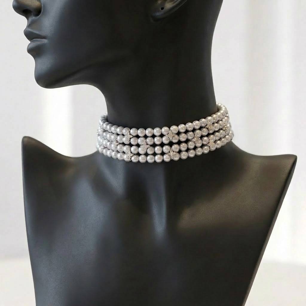 Four Line Natural Fresh Water Pearl Choker Set For Women : N500052