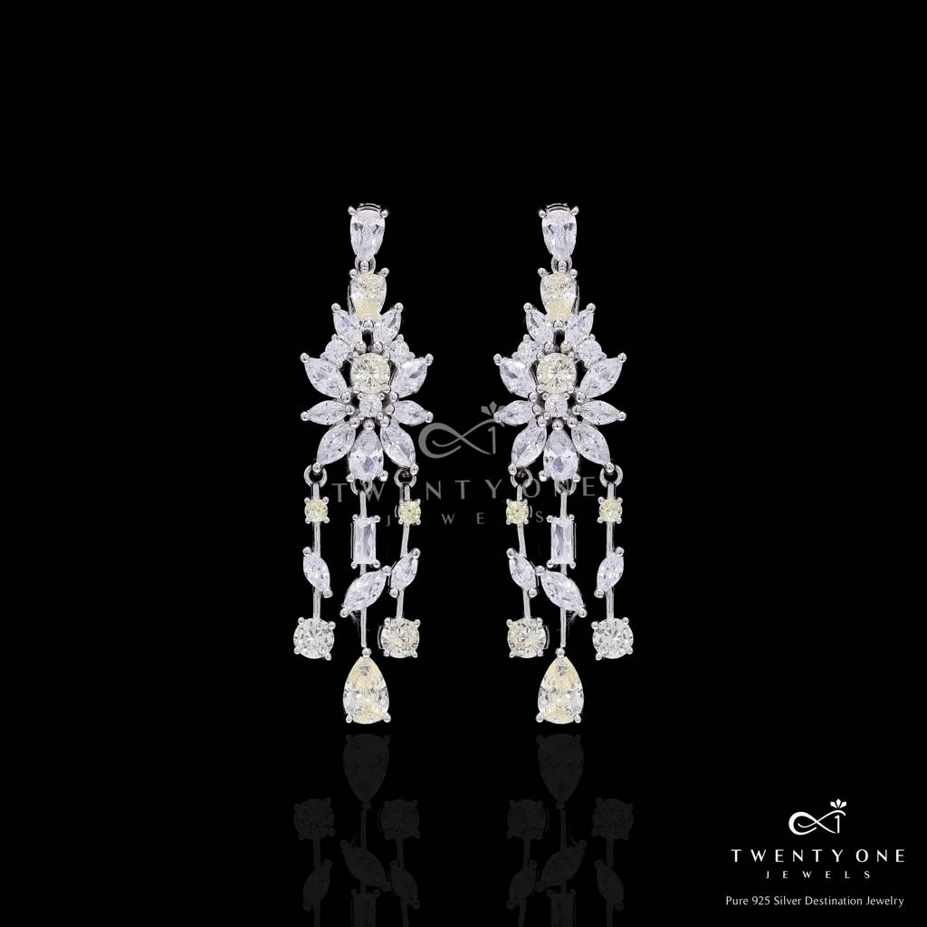 925 Silver Yellow Diamond Bridal Necklace Set With Matching Earrings | Luxury Cocktail Cz Wedding Jewellery Set Fo : TNS9112_2