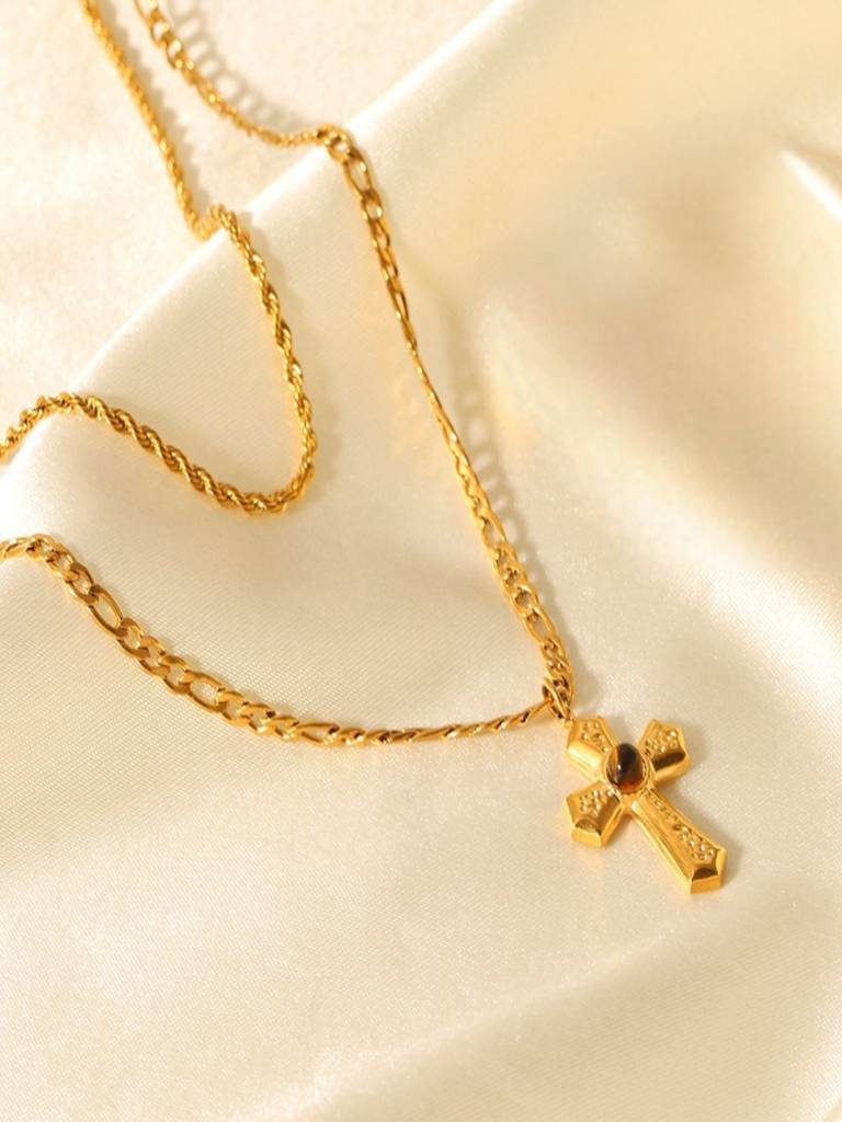 Layered Tiger Eye Cross Pendant Necklace 18K Gold Plated Anti-Tarnish Waterproof : AHC0526N477