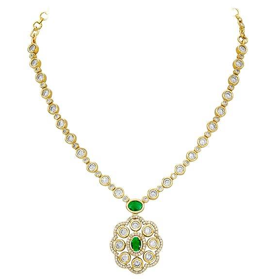 Green Pendant Style Necklace Earrings For Women & Girls Gold Plated Faux Emerald & Crystals Studded Festive Occasio : PF76N05G