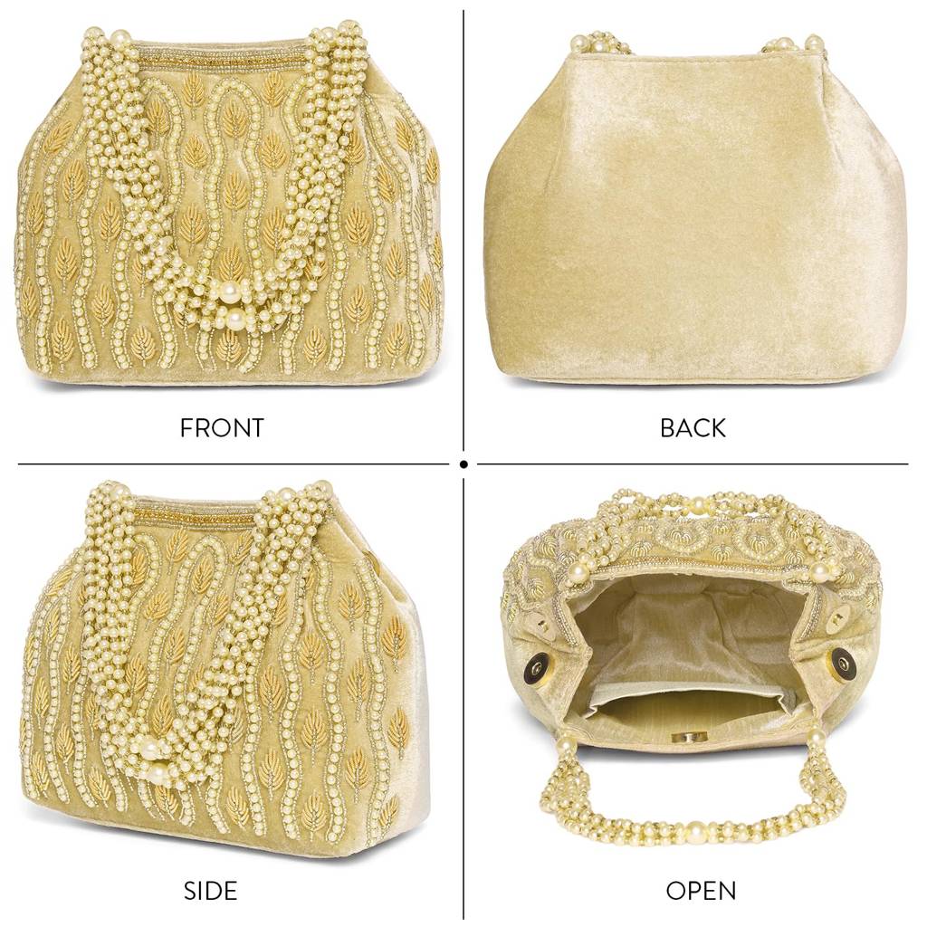 Golden Embellished Potli Bag For Women With Multistrand Beads Handles Stylish Ethnic Wristlet Bag For Girl & Women : P199G-F