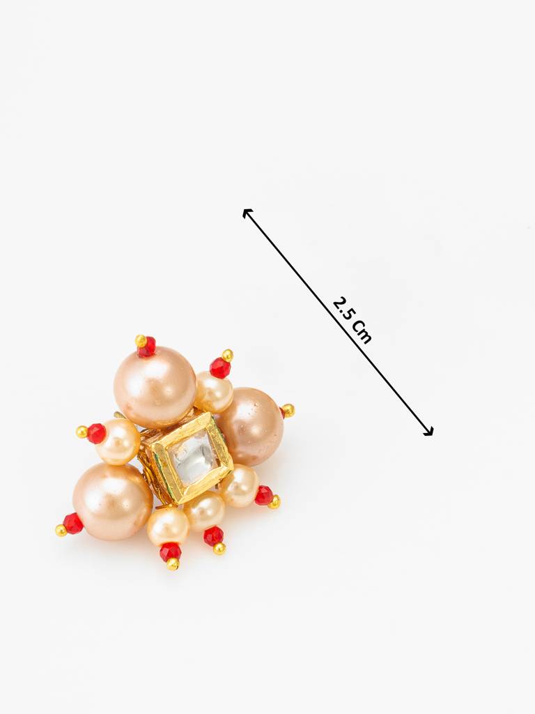 Five-Strand Peach Pearl Mala Necklace Set With Kundan Cluster Earrings : NK4440