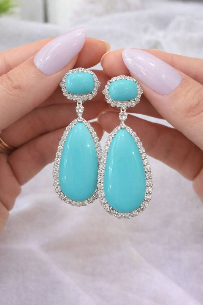 Sea Blue American Diamond Studded Premium Party Long Earrings : 100014