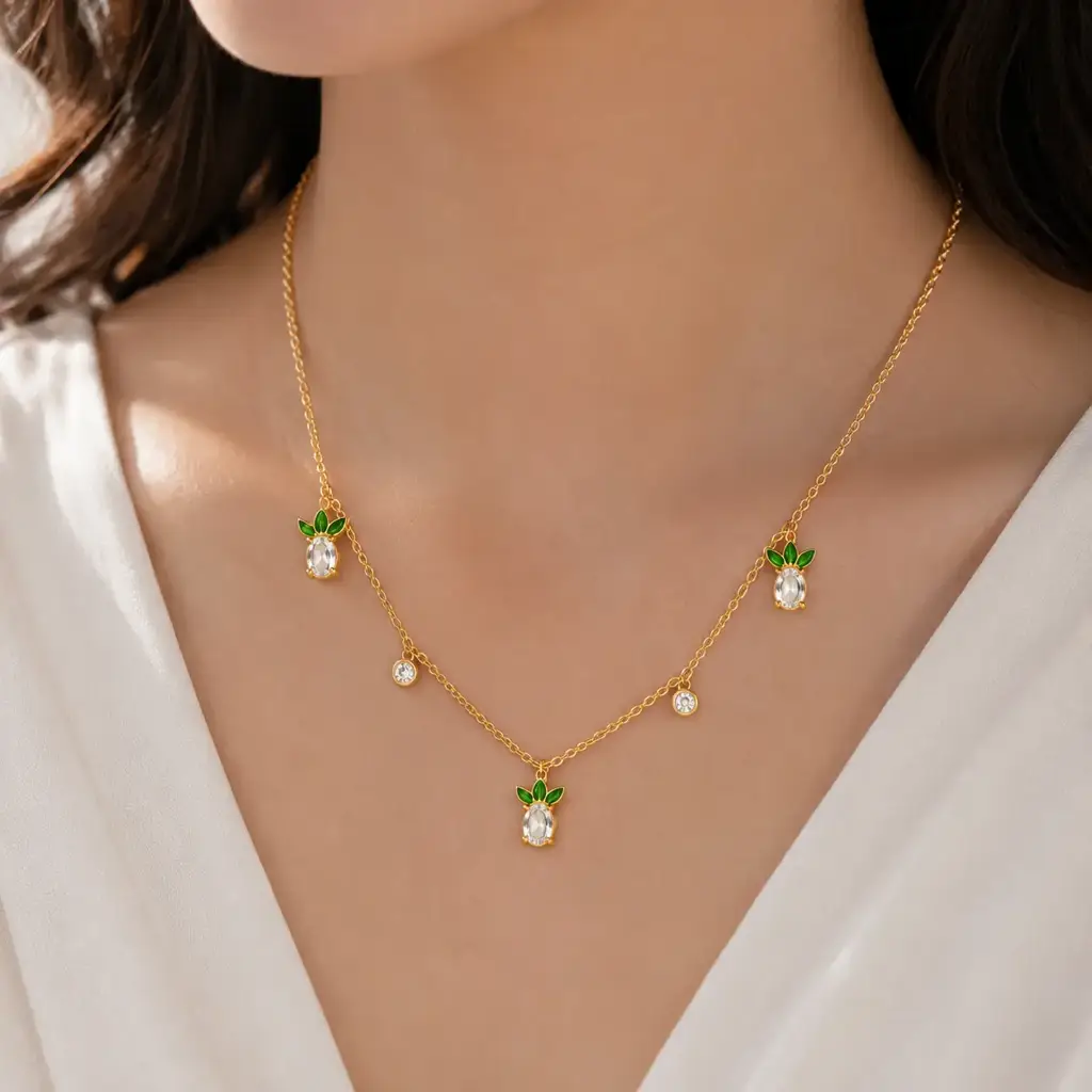 Golden Pineapple Charm Necklace : NS14865-G-GR