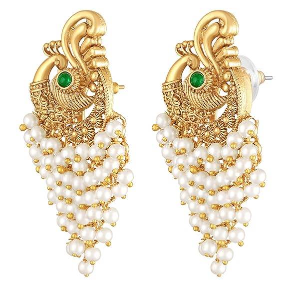 Green Ethnic Dangle Earrings For Women & Girls Gold Plated Faux Ruby & Beads Studded Festive Bridal Jewellery Birth : PF47E07W