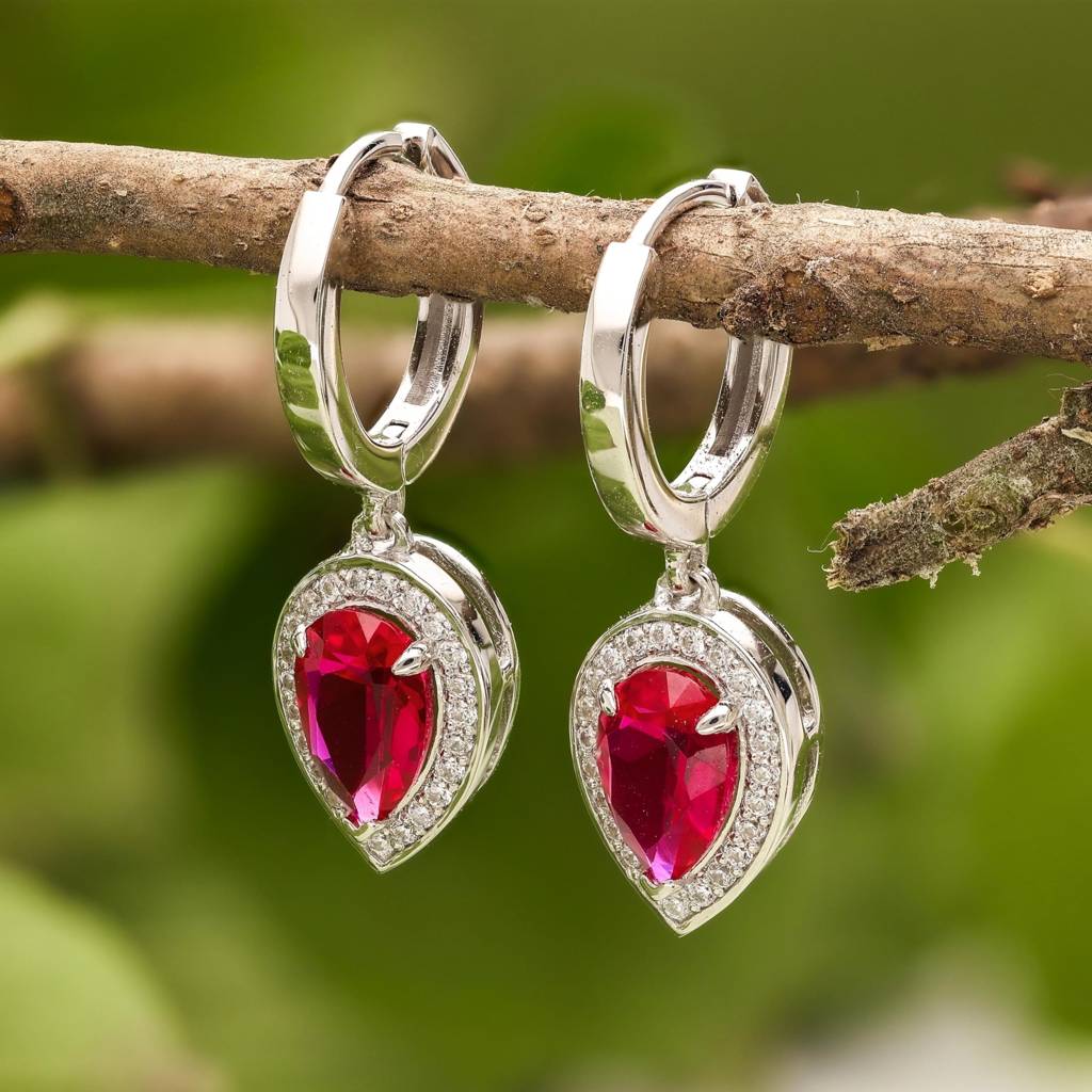 925 Silver Red Cz Teardrop Dangle Hoop Earrings : SE_000942