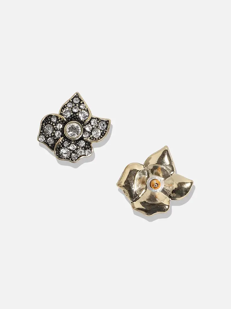 Adina-Gold Plated Rhinestones Black Flower Stud Earring : SOHEAR3484