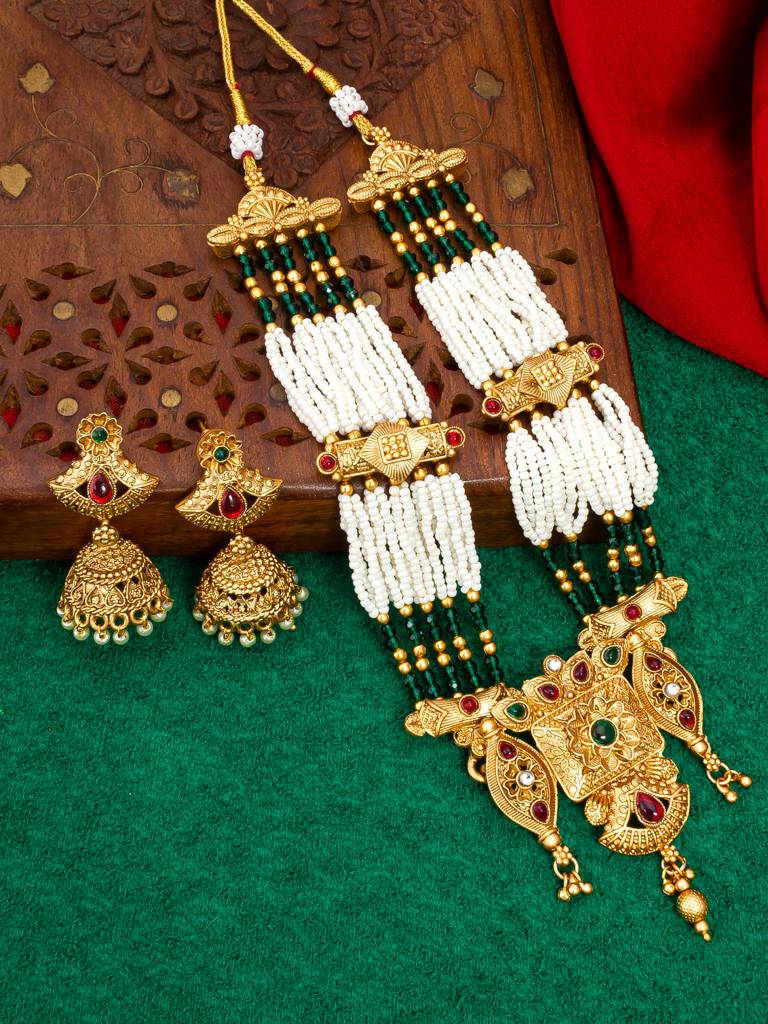 Wedding Wear Antique Gold Temple Long Necklace Set With Beads, Stones And Jhumka Earrings : NK4097