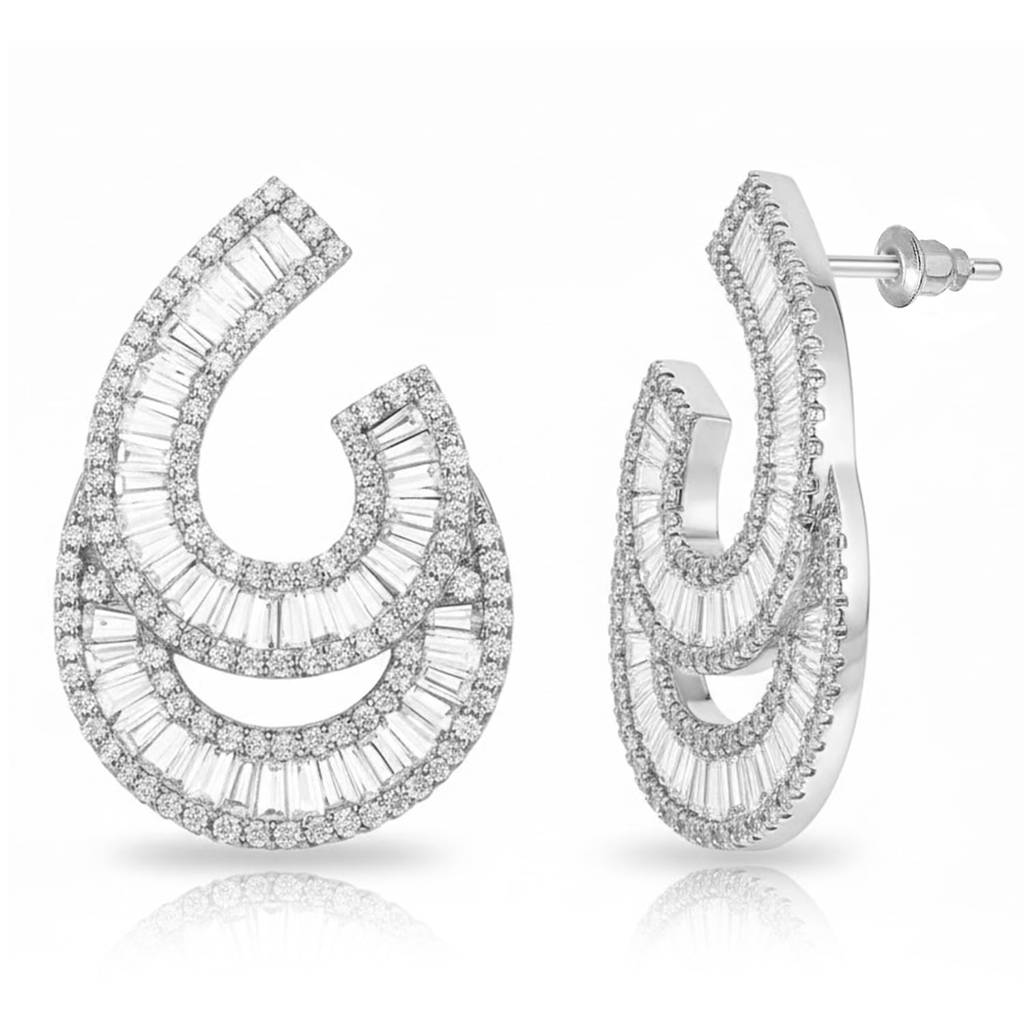 Silver Plated Cubic Zirconia & Baguette Stone Studded Fancy Stylish Stud Earrings Jewellery For Women & Girls : PX9E3141S