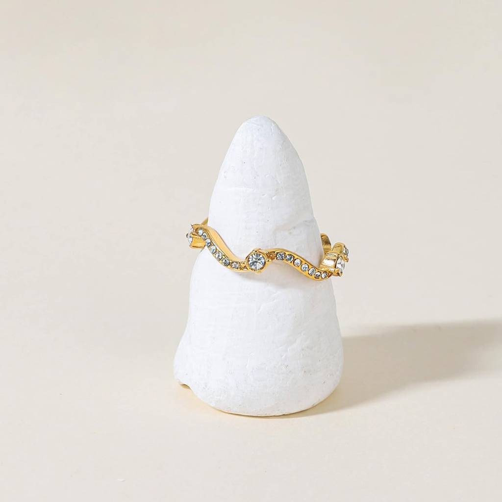 Golden Stainless Steel Ring For Women | 18K Gold Pvd Plated With Cubic Zirconia | Premium Elegant Wavy Design Adj : R0304018-7