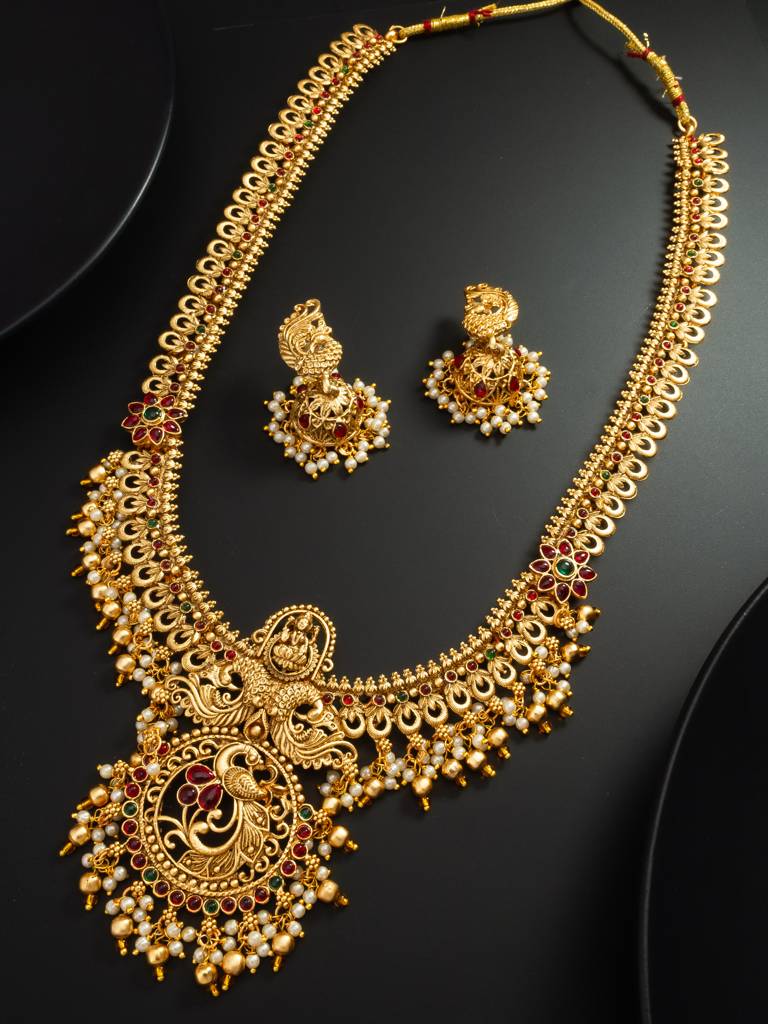 Nakshi Temple Long Rani Haar With Peacock Motif Pendant With Stones And Pearl Drop Earrings : NK4695